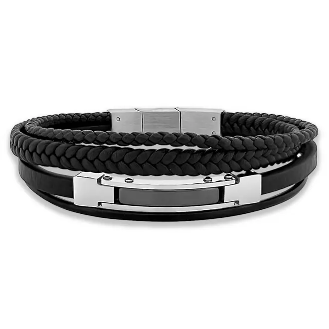 Bracelete de Aço com Quatro Fios em Couro Preto e Placa