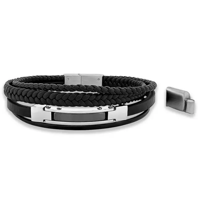 Bracelete de Aço com Quatro Fios em Couro Preto e Placa
