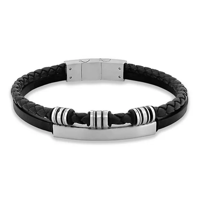 Bracelete de Aço Duplo Couro Preto Trançado Com Placa Fosca