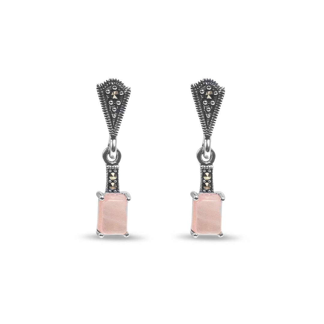Brinco Balanço com Madrepérola Rosa Retangular e Marcassitas