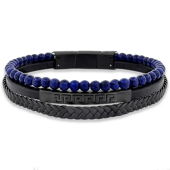Bracelete Triplo Couro Preto Trançado Esferas Azuis Com Placa Carbonada Trabalhada