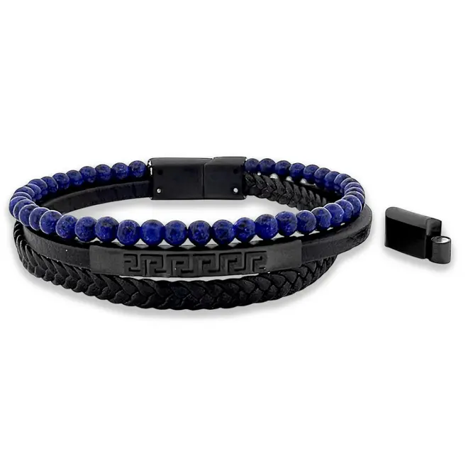 Bracelete Triplo Couro Preto Trançado Esferas Azuis Com Placa Carbonada Trabalhada