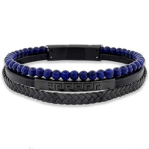Bracelete Triplo Couro Preto Trançado Esferas Azuis Com Placa Carbonada Trabalhada