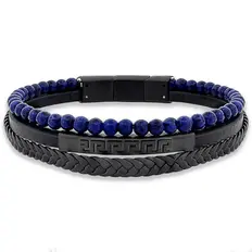 Bracelete Triplo Couro Preto Trançado Esferas Azuis Com Placa Carbonada Trabalhada