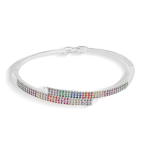 Bracelete Em Prata Leve Articulado Quadrado Com Zircônias Coloridas