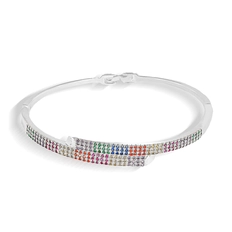 Bracelete Em Prata Leve Articulado Quadrado Com Zircônias Coloridas