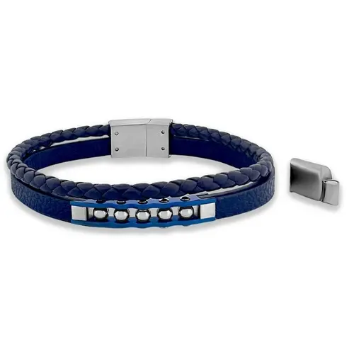 Bracelete de Aço com Dois Fios de Couro Azul e Placa