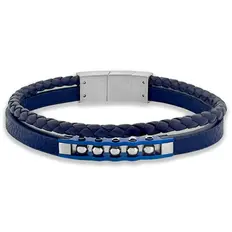 Bracelete de Aço com Dois Fios de Couro Azul e Placa