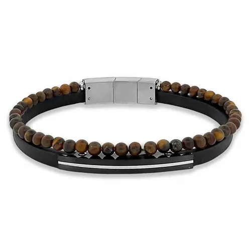 Bracelete de Aço Duplo Couro Preto com Placa Espelhada e Esferas