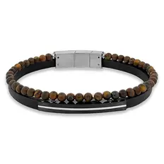 Bracelete de Aço Duplo Couro Preto com Placa Espelhada e Esferas