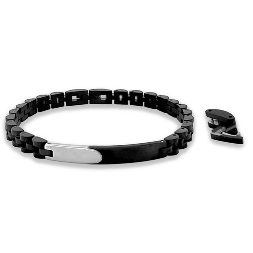 Pulseira com Elos Trabalhados e Placa Espelhada com Fibra de Carbono