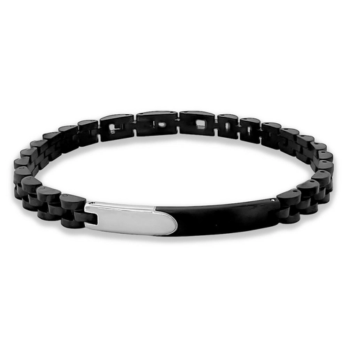Pulseira com Elos Trabalhados e Placa Espelhada com Fibra de Carbono