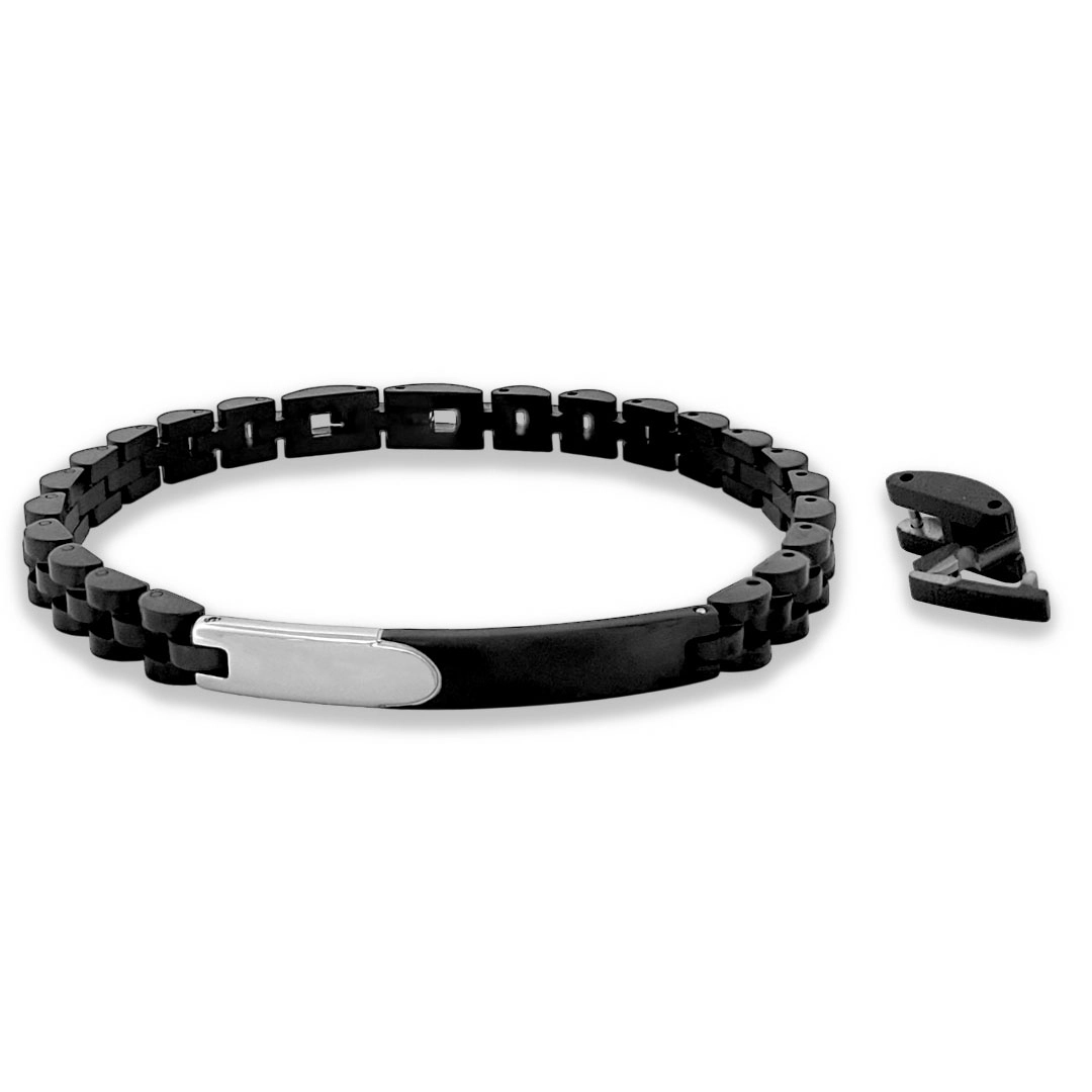 Pulseira com Elos Trabalhados e Placa Espelhada com Fibra de Carbono