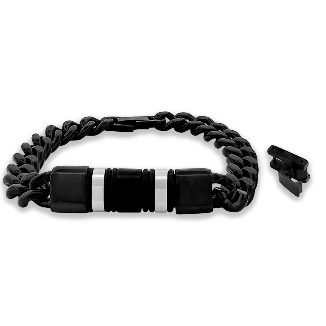 Pulseira com Elos Fibra de Carbono Com Detalhe Fosco e Cauciu