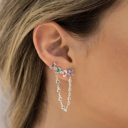 Brinco Ear Cuff de Prata Leve com Zircônias Coloridas ( UNIDADE )