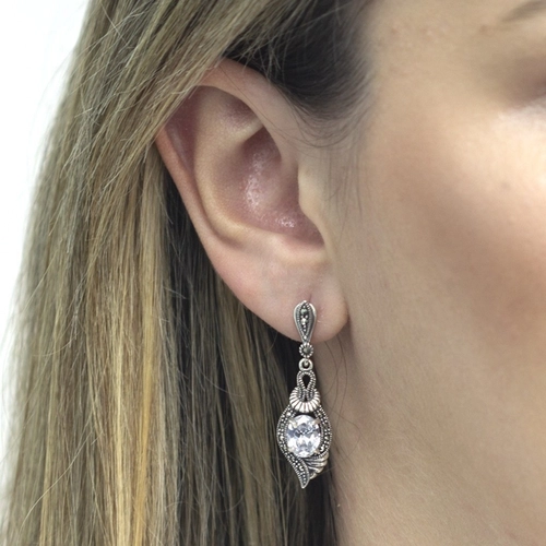 Brinco de Prata Balanço com Marcassita e Zircônia Cristal Oval