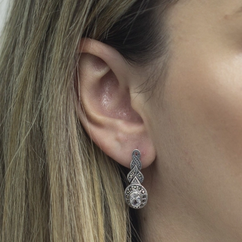 Brinco de Prata Balanço com Marcassita e Zircônia Cristal Oval