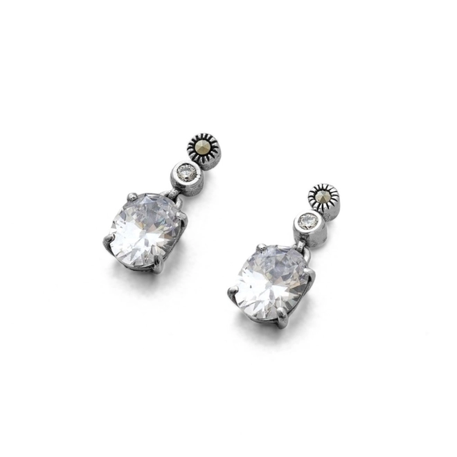 Brinco de Prata com Marcassita e Zircônia Cristal Oval