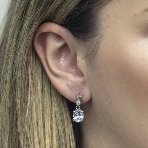 Brinco de Prata com Marcassita e Zircônia Cristal Oval