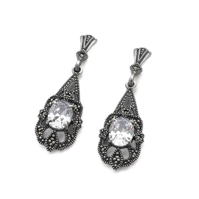 Brinco de Prata Balanço com Marcassita e Zircônia Cristal