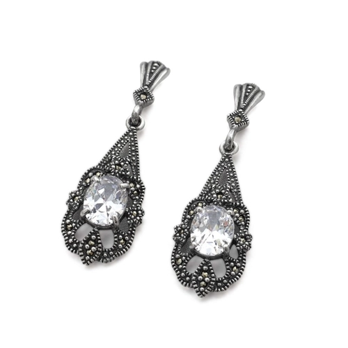 Brinco de Prata Balanço com Marcassita e Zircônia Cristal