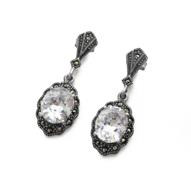 Brinco de Prata Balanço com Marcassita e Zircônia Cristal