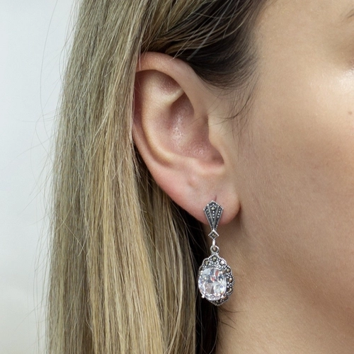 Brinco de Prata Balanço com Marcassita e Zircônia Cristal