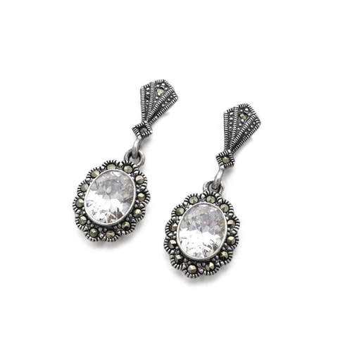 Brinco de Prata com Marcassita e Zircônia Cristal Oval