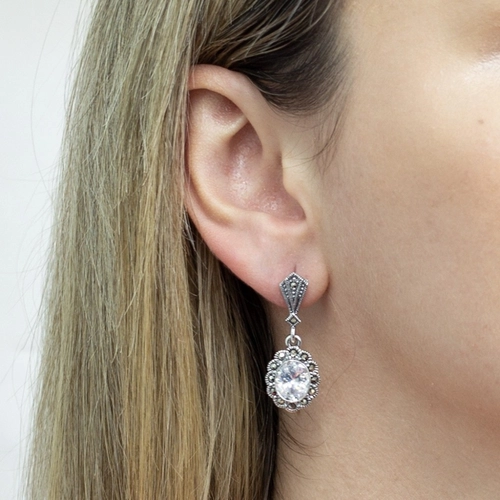 Brinco de Prata com Marcassita e Zircônia Cristal Oval
