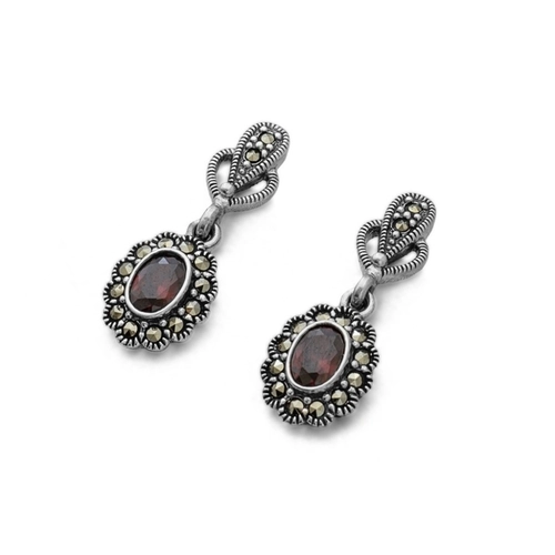 Brinco de Prata Balanço com Marcassita e Zircônia Rubi Oval