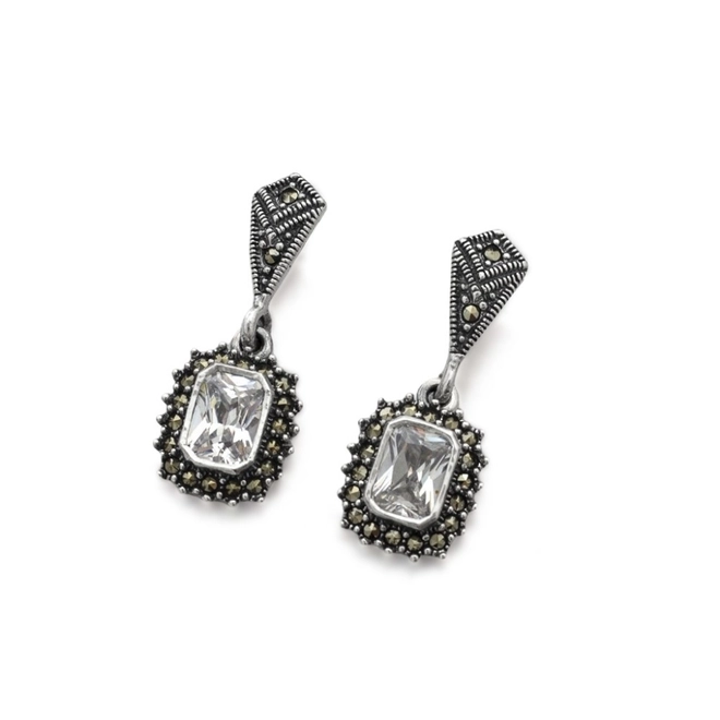 Brinco de Prata Balanço com Marcassita e Zircônia Cristal Retangular