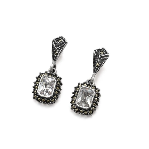 Brinco de Prata Balanço com Marcassita e Zircônia Cristal Retangular