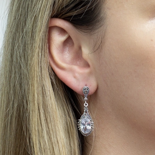 Brinco de Prata com Marcassita e Zircônia Cristal Oval