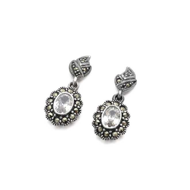 Brinco de Prata Balanço Trabalhado com Marcassita e Zircônia Cristal Oval