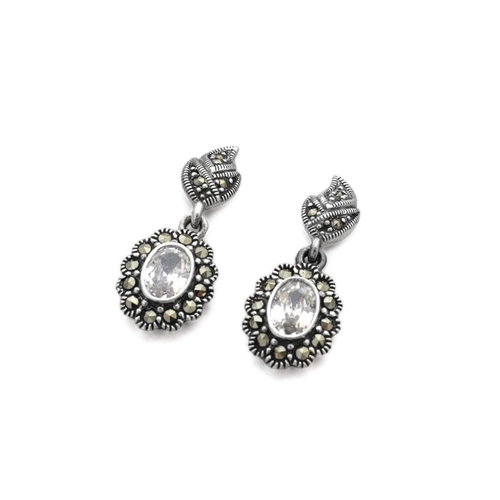 Brinco de Prata Balanço Trabalhado com Marcassita e Zircônia Cristal Oval