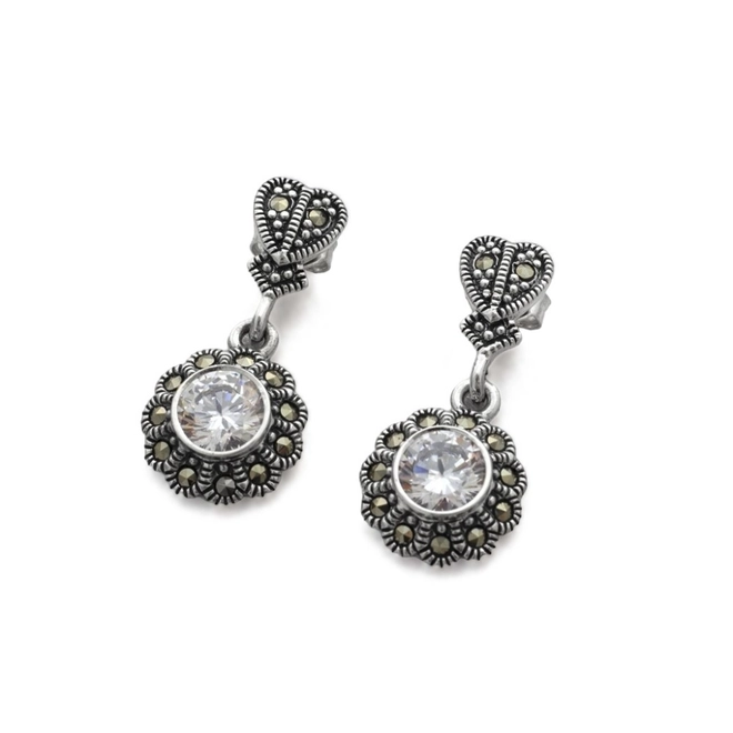 Brinco de Prata Balanço com Marcassita e Zircônia Cristal Redonda