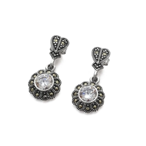 Brinco de Prata Balanço com Marcassita e Zircônia Cristal Redonda
