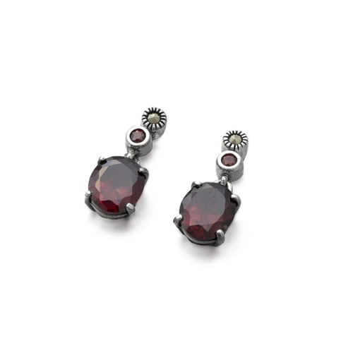 Brinco de Prata Balanço com Marcassita e Zircônia Rubi Oval