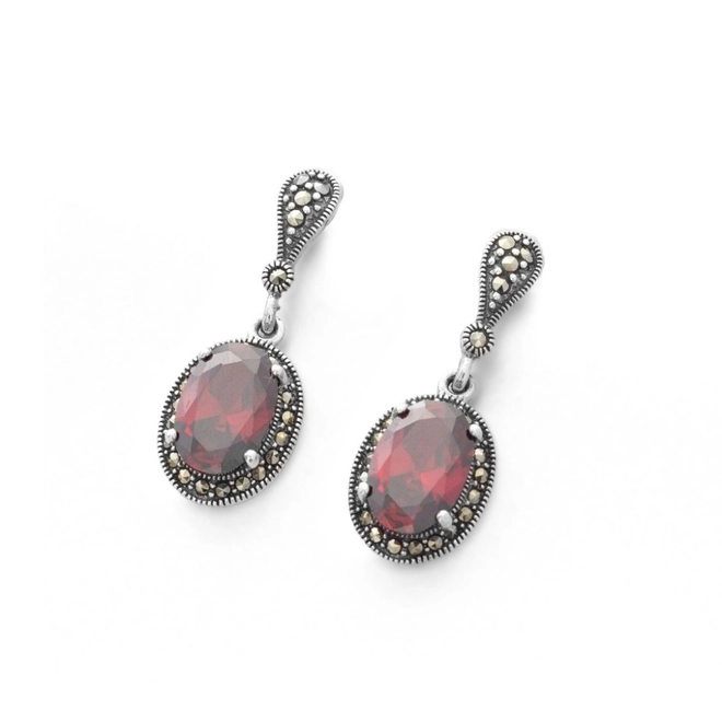 Brinco de Prata Balanço com Marcassita e Zircônia Rubi Oval