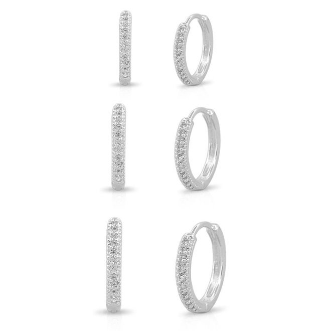 Brinco de Prata Leve Kit Três Furos Clic com Zircônias Cristal