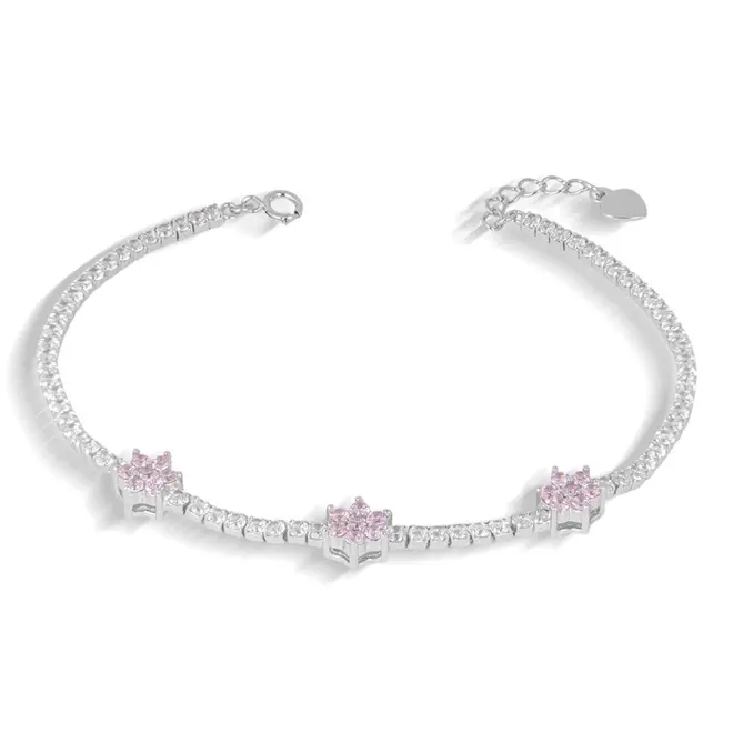 Pulseira Blend Collection de Prata 925 com Flores em Zircônia Rosa