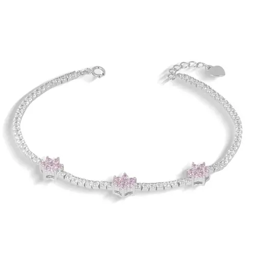 Pulseira Blend Collection de Prata 925 com Flores em Zircônia Rosa