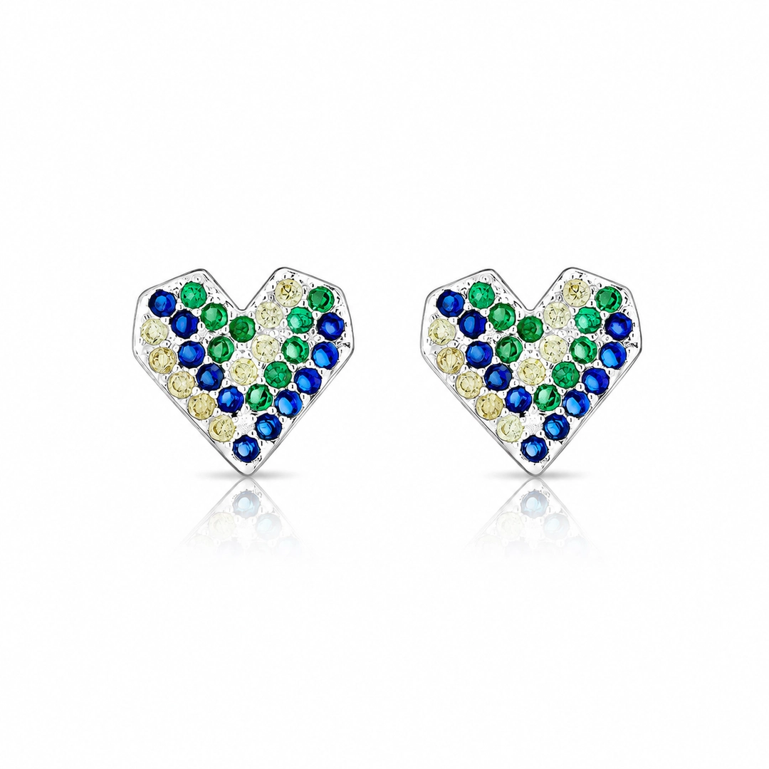 Brinco Top Coração com Zircônias Coloridas Cravejadas