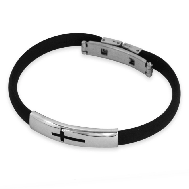 Pulseira de Aço Cauciu com Placa Espelhada e Cruz Vazada