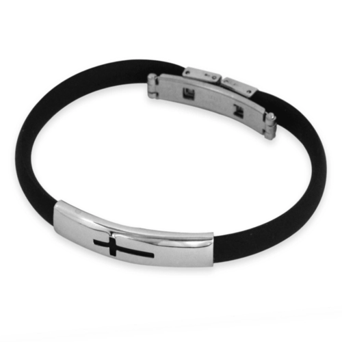 Pulseira de Aço Cauciu com Placa Espelhada e Cruz Vazada