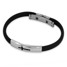 Pulseira de Aço Cauciu com Placa Espelhada e Cruz Vazada