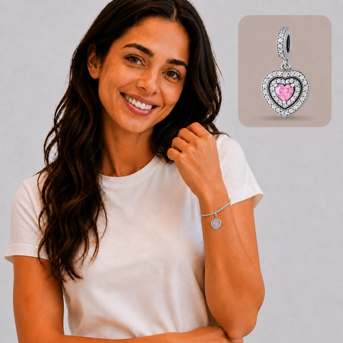 Berloque Coração com Zircônia Rosa e Zircônias Cristal