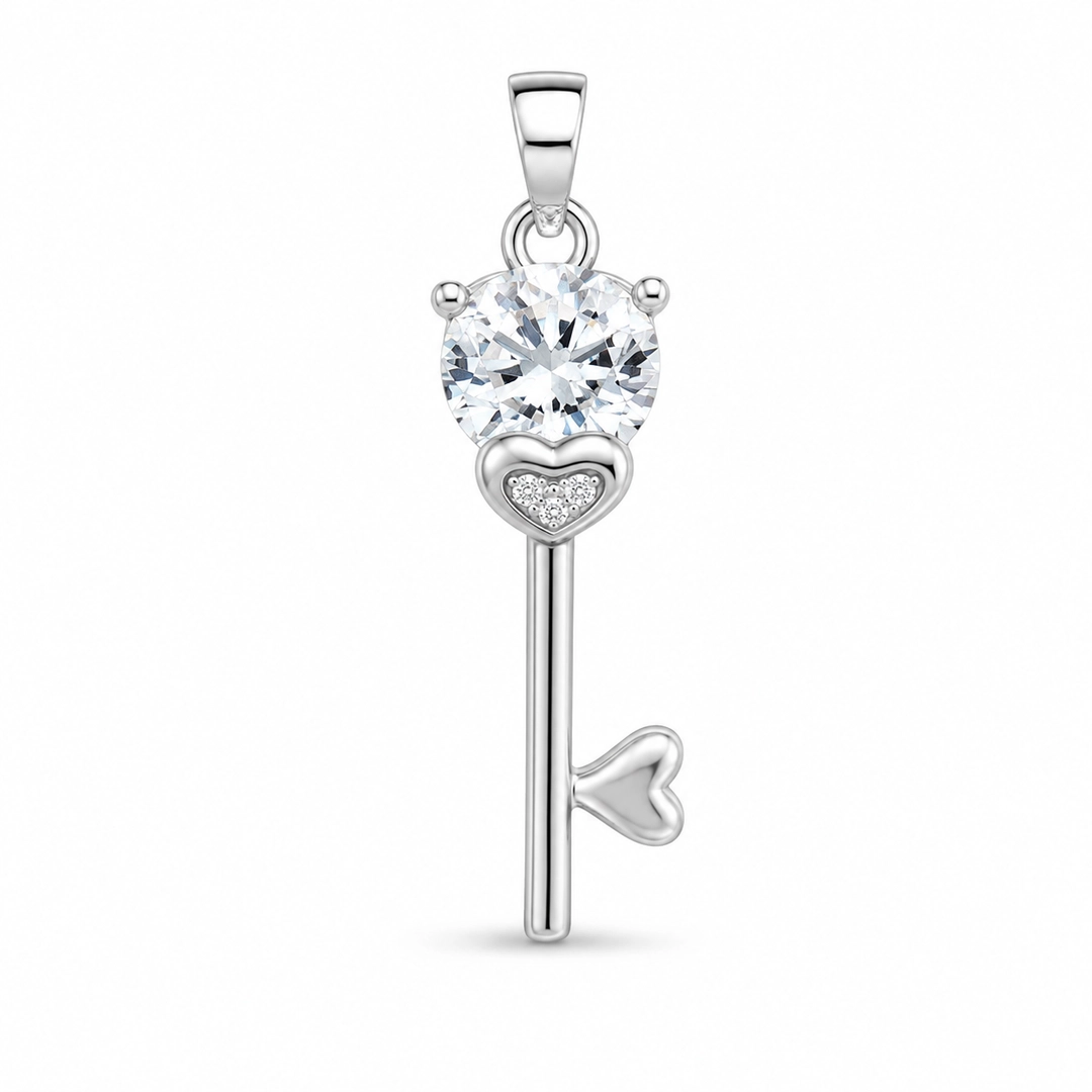 Pingente Chave com Coração de Zircônia Cristal