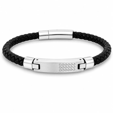 Bracelete de Couro Preto Trançado E Placa Fosca