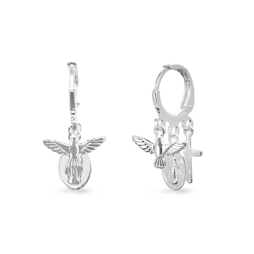 Brinco de Prata Leve Argola Articulada com Pingente do Espirito Santo ,N S das Graças e Cruz